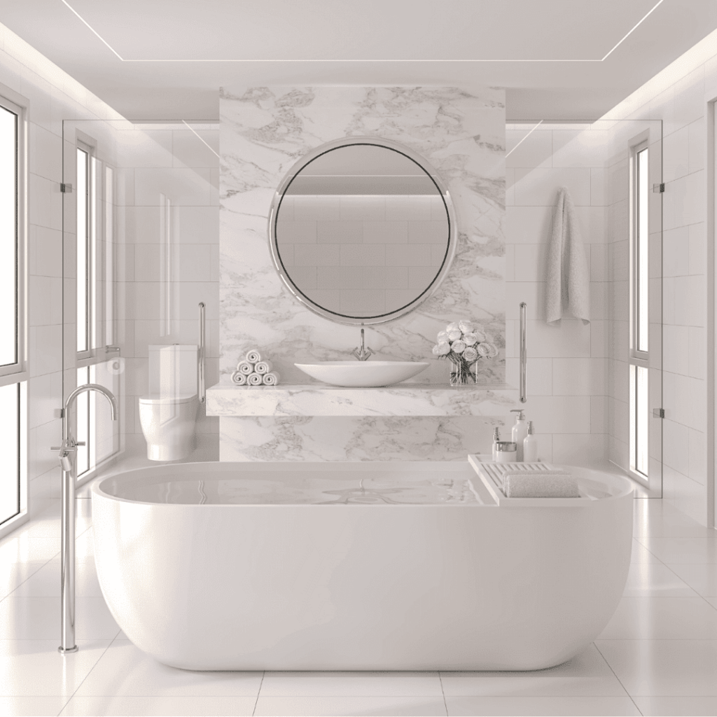 Luxurious bathroom interiors crafted by Marble and Stone London, featuring bespoke designs in marble, granite, quartz, and engineered stone.