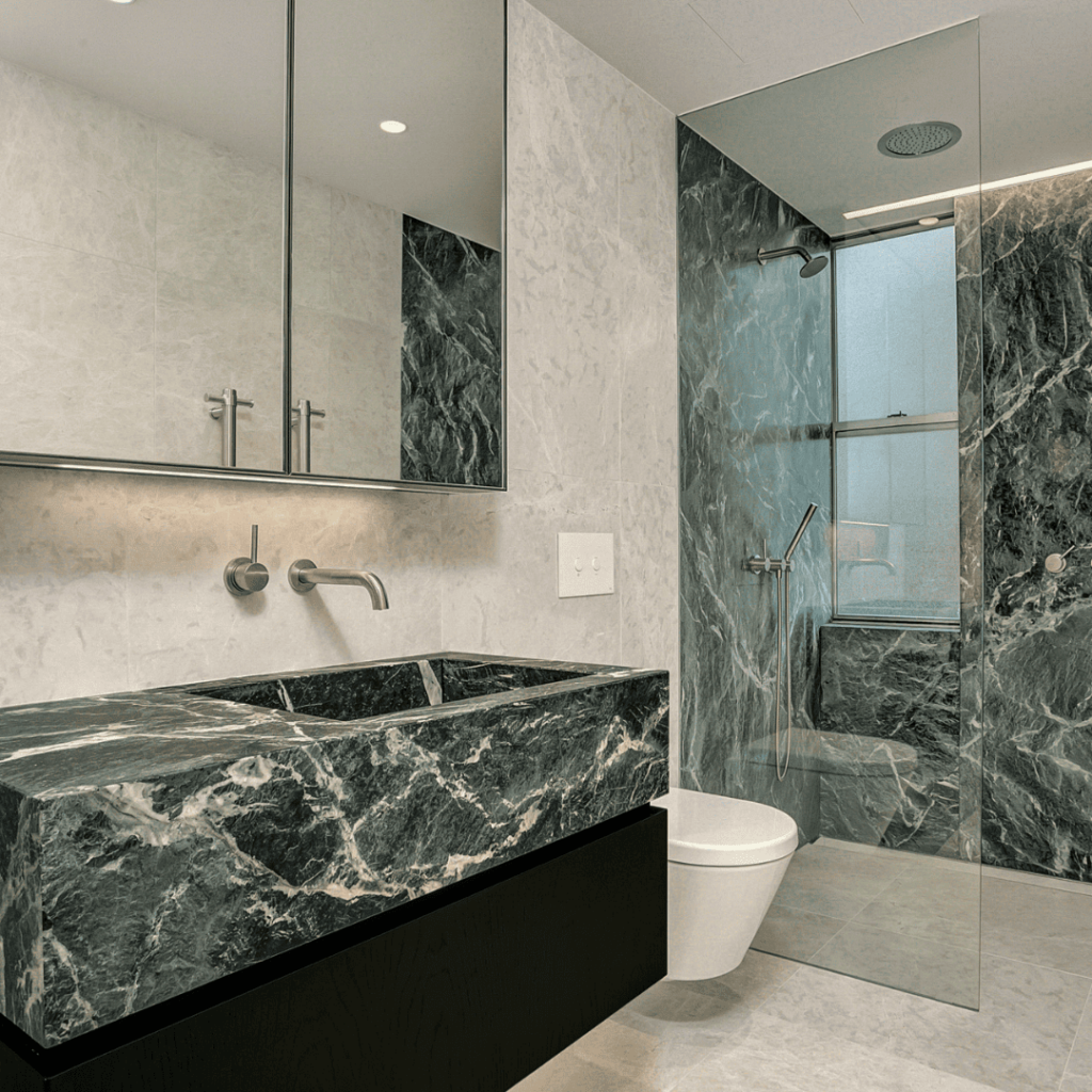 Luxurious bathroom interiors crafted by Marble and Stone London, featuring bespoke designs in marble, granite, quartz, and engineered stone.
