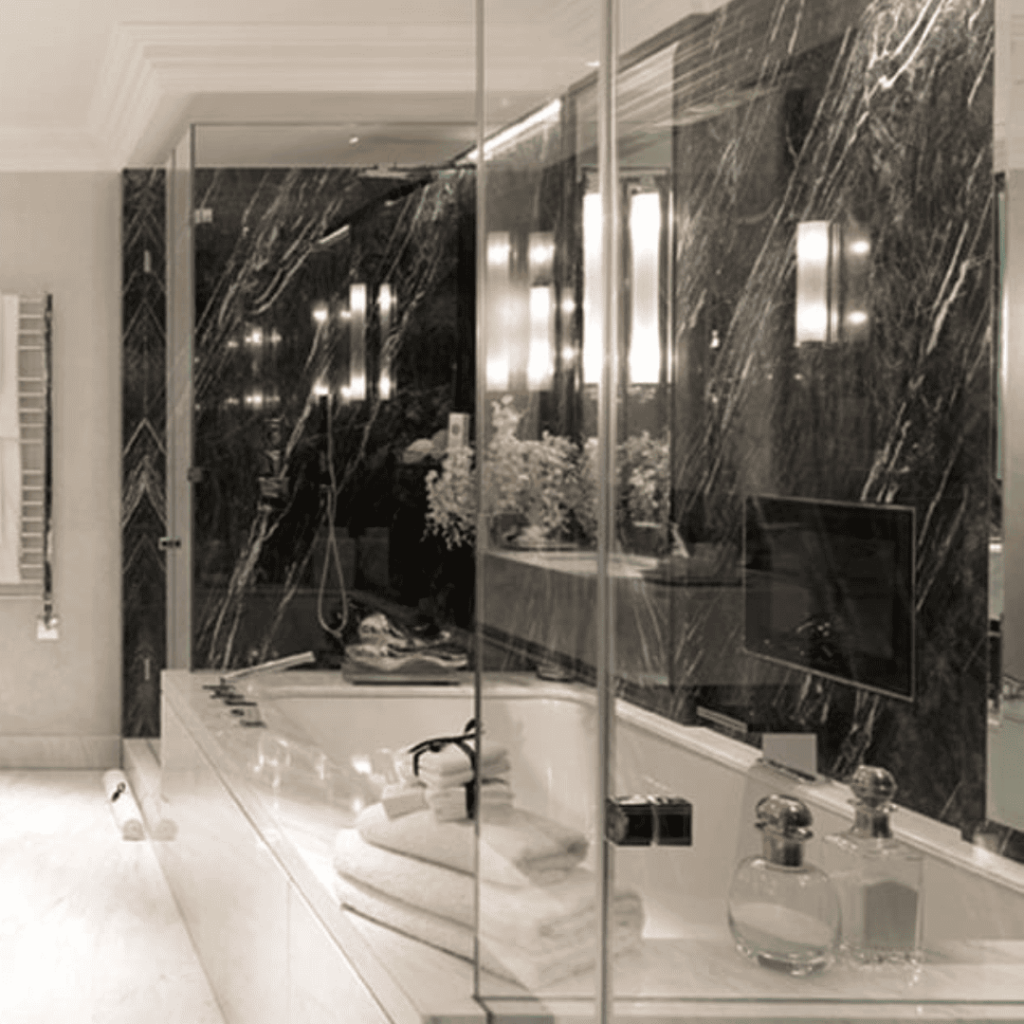 Luxurious bathroom interiors crafted by Marble and Stone London, featuring bespoke designs in marble, granite, quartz, and engineered stone.