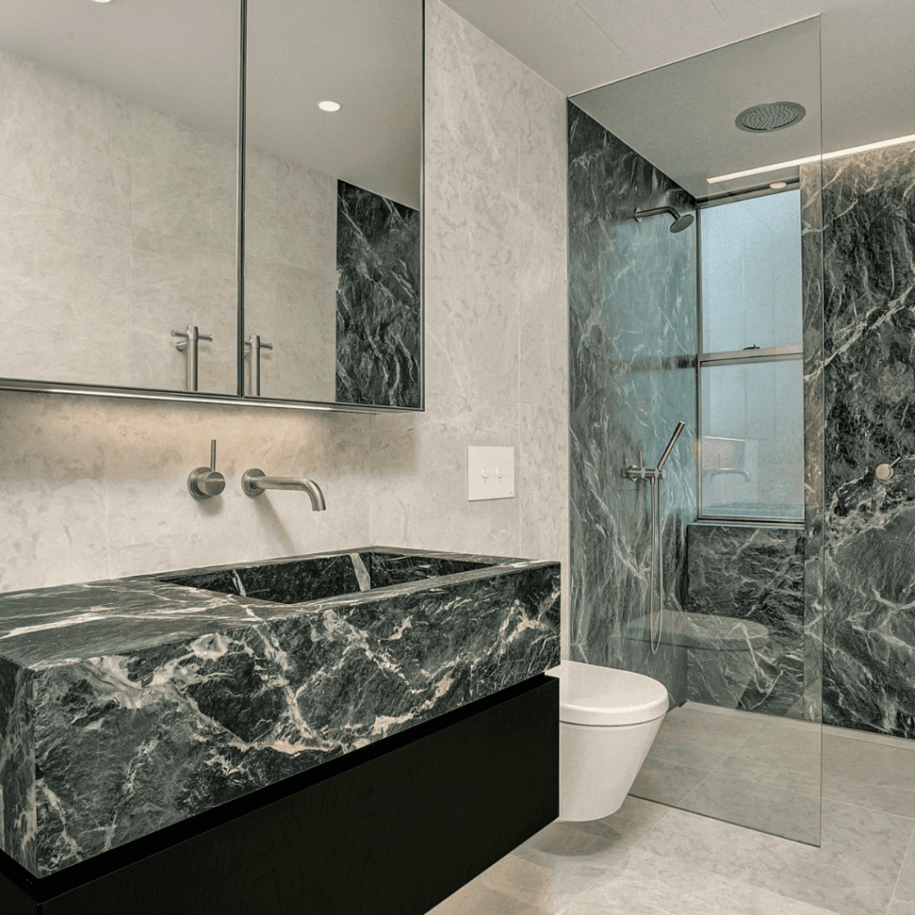 High-end marble bathroom installation in London by Marble & Stone London – bespoke stonework, custom vanities, and luxury finishes